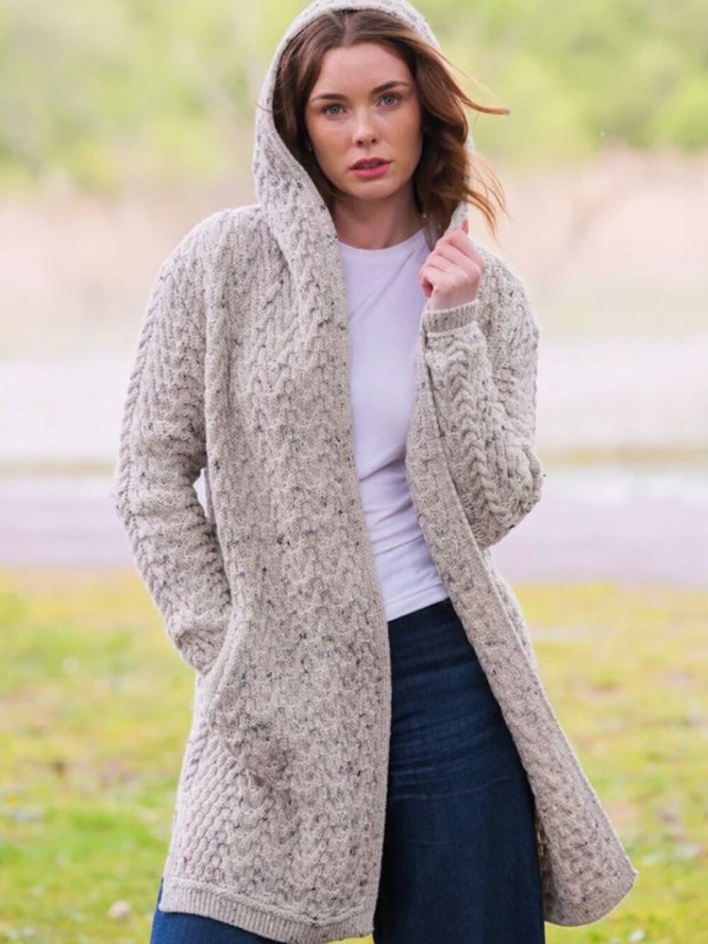Aran Mor Ireland 100% Merino Wool Herringbone Cardigan Hooded Sweater Oatmeal S